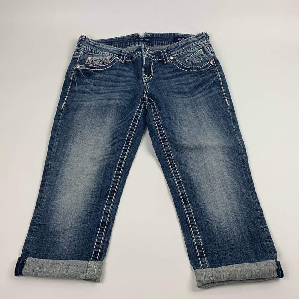 Vigoss The Chelsea Capri jeans Pants Size 6 stretch Rhinestone Bling Med wash